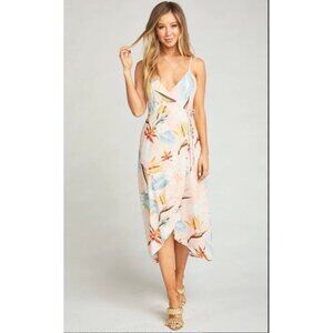 Show Me Your Mumu sz. L Meghan Wrap Midi Dress Tropical Floral Deep V Neck Hi Lo